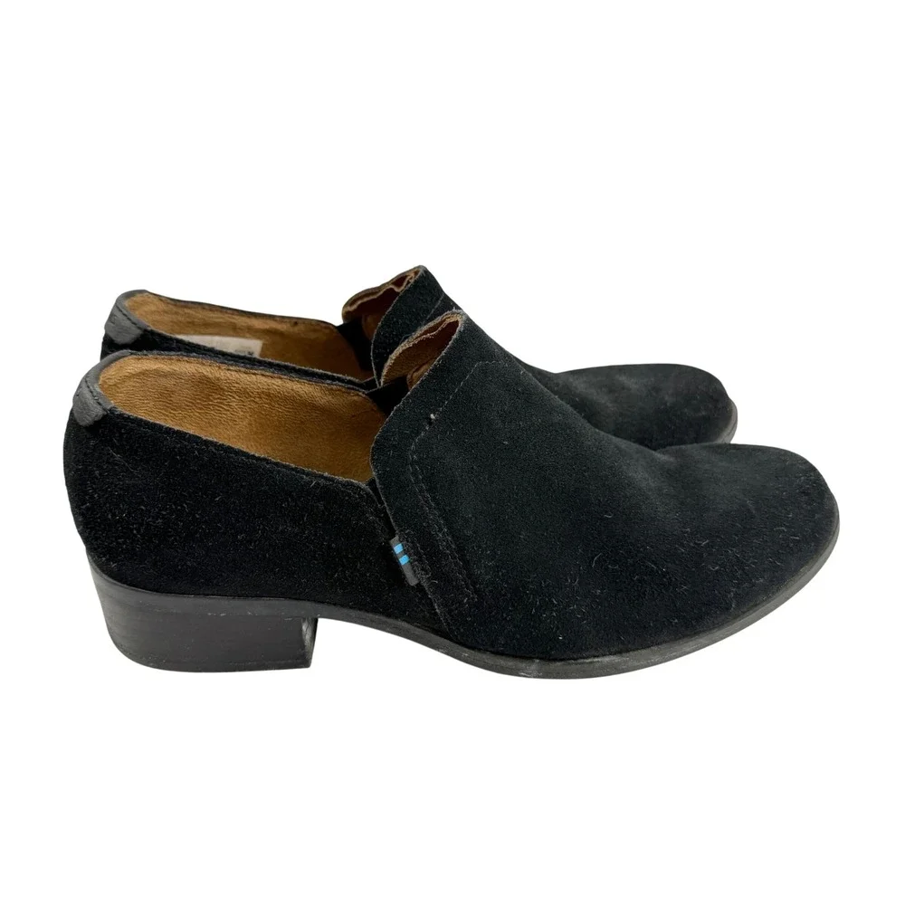 TOMS Shaye Black Suede Slip On Booties Block Heel Womens Sz 8 Minimalist Casual